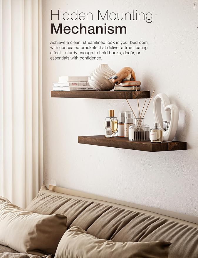 BATODA Set of 2 24" Acacia Floating Shelves for Wall – Rustic Farmhouse Wood Floating Shelf - Book Shelf for Wall & House Décor - DIY Floating Book Shelves - with Brackets & Hardware (Walnut Color)-NeatNest