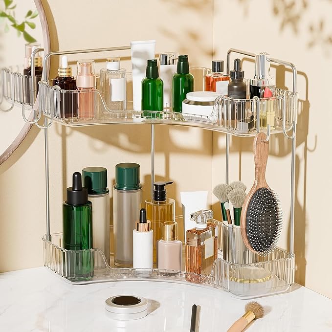 Makeup Organizer for Vanity 2 Tier Bathroom Organizers and Storage Countertop with Hooks Skin Care Exquisite Vanity Organizers Corner Bathroom Counter Storage-Clear-NeatNest