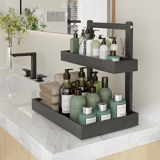 Bamboo 2 Packs Under Sink Organizer Wooden 2 Tier Pull Out Cabinet Organizer, Heave Duty Wood Slide Out Storage Shelf, Undersink Organizers Shelves for Kitchen Bathroom-NeatNest