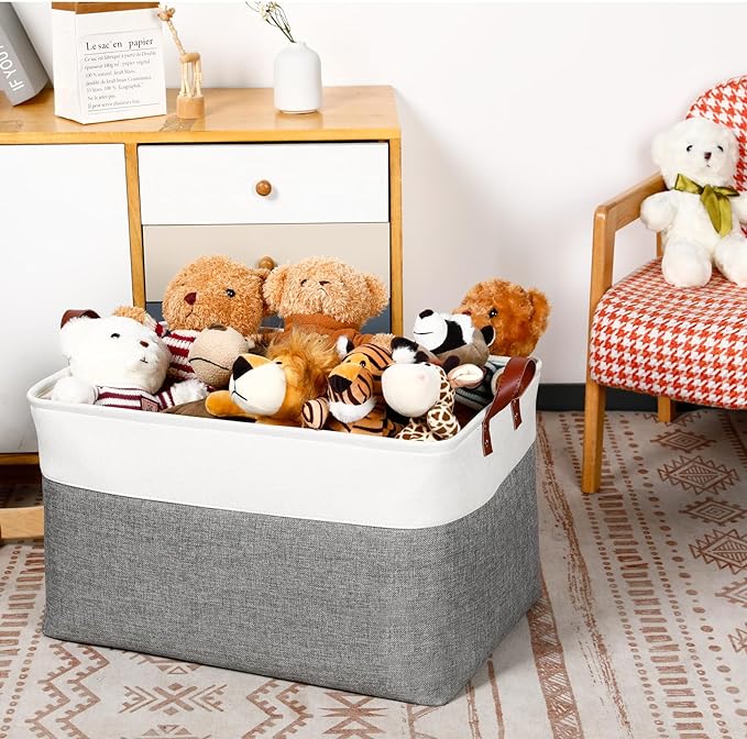 DULLEMELO Extra Large Storage Basket for Organizing, 70L Oversized Storage Bin Foldable Canvas Fabric Blanket Basket, 22" x 15" x 13" Large Kids Toy Basket Organizer with Handles (White&Grey)-NeatNest