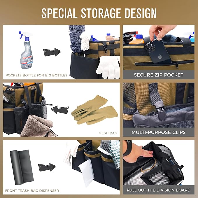 Wearable Cleaning Caddy Organizer with Handle & Shoulder Straps for Housekeepers, Under Sink & Car Cleaning Tool Organizer Bag with 4 Foldable Dividers (Tan)