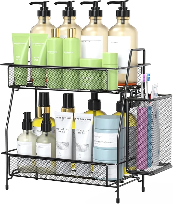 Bathroom Organizer with Basket, 2-Tier Bathroom Tray for Countertop Storage Shelf, Bathroom Counter Organizer, Vanity Organizer and Storage Kitchen Counter Organizers Spice Rack-NeatNest