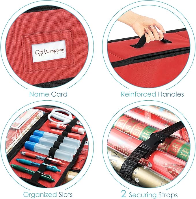 Hearth & Harbor Wrapping Paper Storage Container - Christmas Storage Bag with Ribbon Dispenser and Interior Pockets - Gift Wrap Organizer Fits Up to 26 Rolls of 40" Length, Red-NeatNest