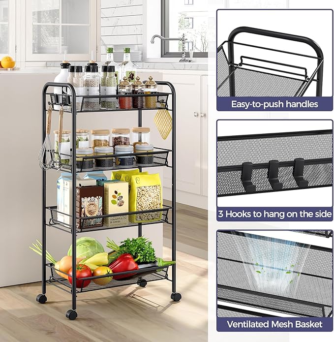 4-Tier Metal Utility Cart, Mesh Wire Rolling Cart on Wheels, Storage Trolley with Easy Assembly, Organizer Craft Cart 3 Hooks, Mobile Shelving Unit for Bathroom, Laundry Room, Home