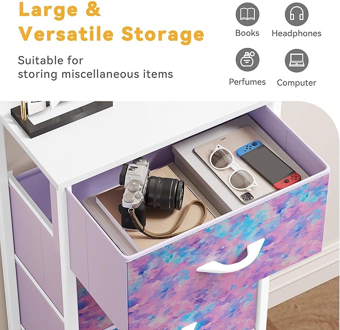 DWVO Dresser with 4 Drawers - Storage Tower Unit, Dresser for Bedroom, Living Room, Closets - Sturdy Steel Frame, Wooden Top & Easy Pull Fabric Bins, Purple-NeatNest
