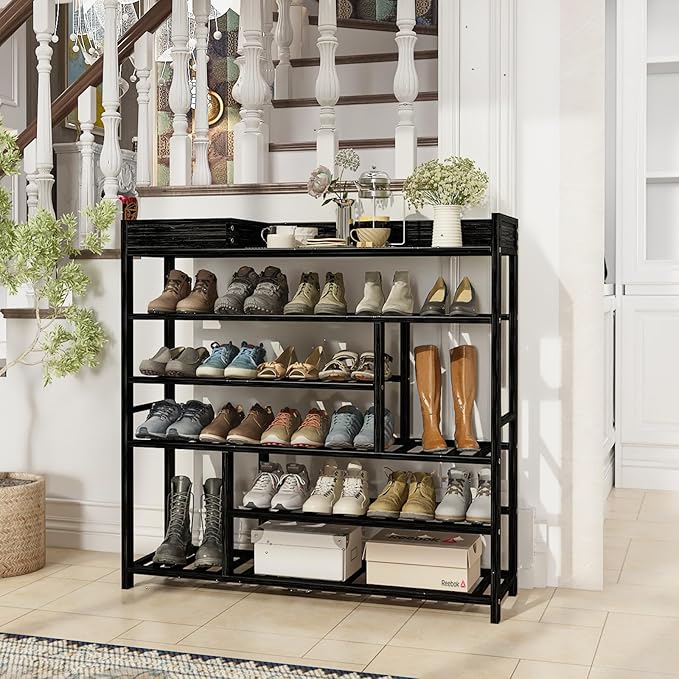 Bamworld Shoe Rack for Front Door Entrance Bamboo Shoe Organizer with Storage Box Free Standing Shoe Cabinet Shoe Storage Shelf for Entryway, Closet and Doorway (Black)-NeatNest