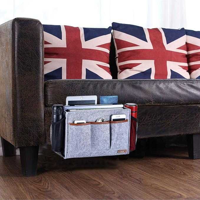 Bedside Caddy, Large Size Storage Organizer with 8 Pockets - Perfect for Magazine, Remotes, Phone (13.4'' x 18.1'', Light Grey)-NeatNest