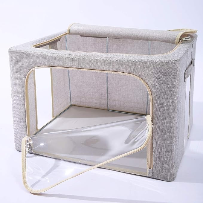 3Pack Foldable Storage Bins - Frame Storage Box Linen Fabric Stackable Clothes Container Organizer with Clear Window & Carry Handles Large Capacity (Large-66L, Light Grey)-NeatNest