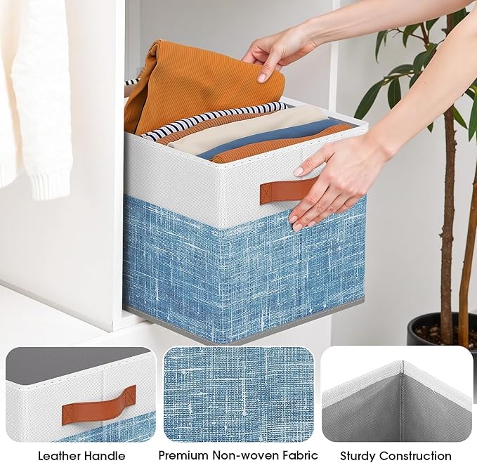 Fab totes Collapsible Storage Baskets for Shelves,14"x10", 8 Pack Foldable Fabric Storage Bins with Double Leather Handles, Large Baskets for Organizing Books, Clothes, White & Blue