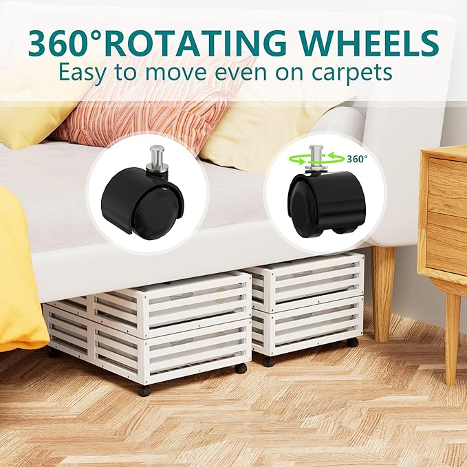Bamboo Under Bed Storage Containers- Underbed Organizer with Wheels with Large Capacity Dust Bag,Sturdy Wood Rolling Under Bed Shoe Storage Organizer 2 Packs (White, 2 Packs (23.62"×16.54"))-NeatNest