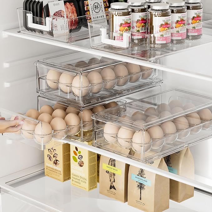 BPA Free Stackable Egg Container - 18 Egg Refrigerator Organizer with 2 Kitchen Hooks, Clear