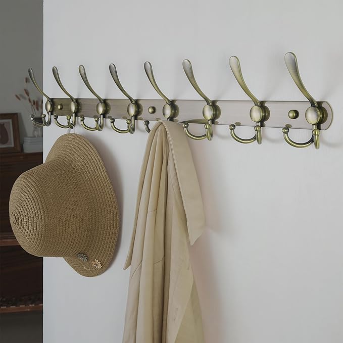 Dseap Coat Rack Wall Mount - 29.5” Long 8-Tri-Hooks Heavy Duty Coat Hanger Rail Wall Hooks for Hanging Coats Hats Clothing Clothes Purse Mudroom Entryway, Bronze, Pack of 2-NeatNest