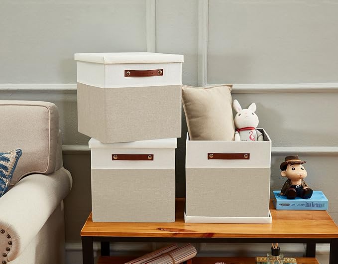 DECOMOMO Storage Basket with Lid, Storage Cubes with Handles, Fabric Box with Lid (Beige and White, 11” / 3 Pack)-NeatNest