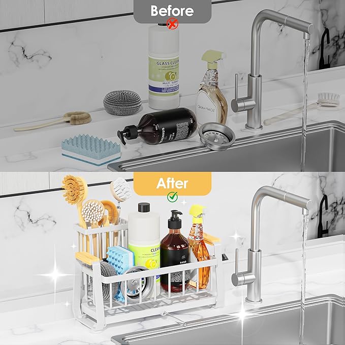 Doasuwish Kitchen Sink Caddy with High Brush Holder,Self-Draining kitchen Countertop Organizer,Rustproof 304 Stainless Steel,Non-Slip Stability High Storage Sponge Holder for Kitchen Sink White-NeatNest