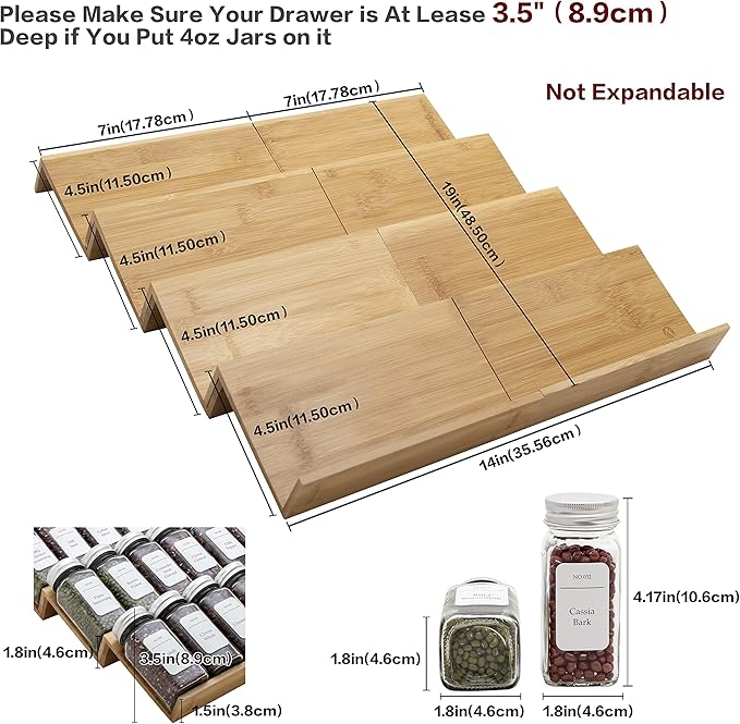 Bamboo Spice Rack Drawer Organizer - 8 Pieces Set- 7" Wide Per Piece - Combine Pieces Into 14" Wide Rack (7" or 14")-NeatNest