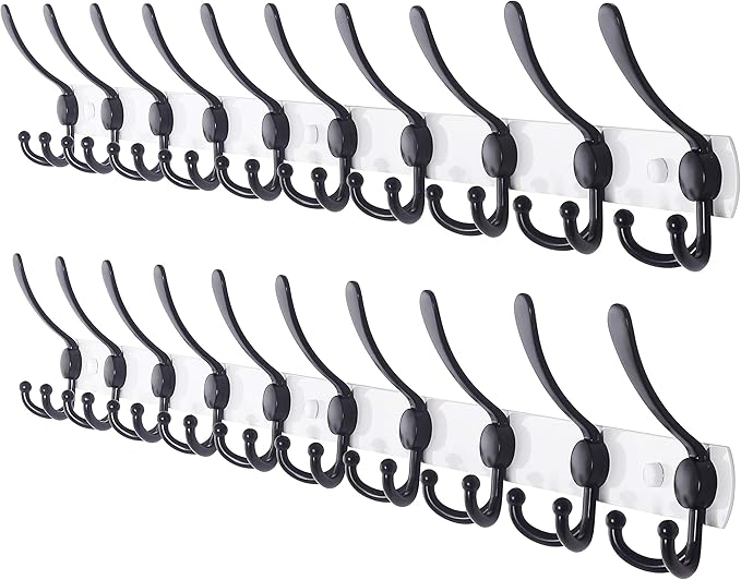 Dseap Coat Rack Wall Mount - 38” Long 10-Tri-Hooks Heavy Duty Coat Hanger Rail Wall Hooks for Hanging Coats Hats Clothing Clothes Purse Mudroom Entryway, White/Black, Pack of 2-NeatNest