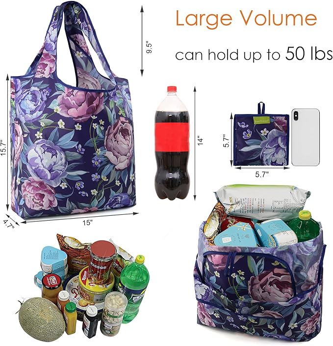 BeeGreen Floral Reusable Grocery Bags - X Large 50 LB Capacity,Foldable Tote Bag Gifts Fashionable Ripstop Polyester, Recyclable, Machine Washable Bulk Bags With Pouch - Ideal for Shopping-NeatNest
