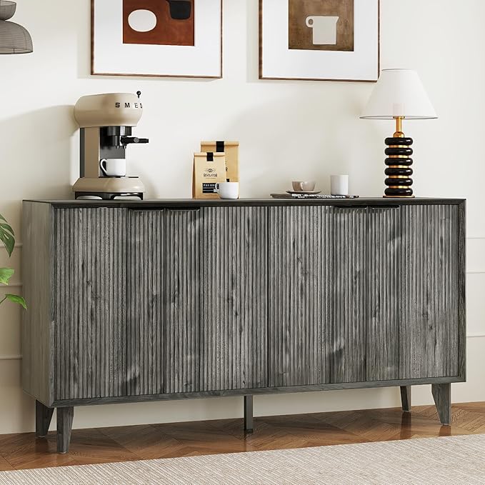 Fluted Cabinet with Storage, Buffet Sideborad with 4 Doors Kitchen Buffet Storage Accent Cabinet with Adjustable Shelves for Living Room, Entry, Hallway, Black&Grey