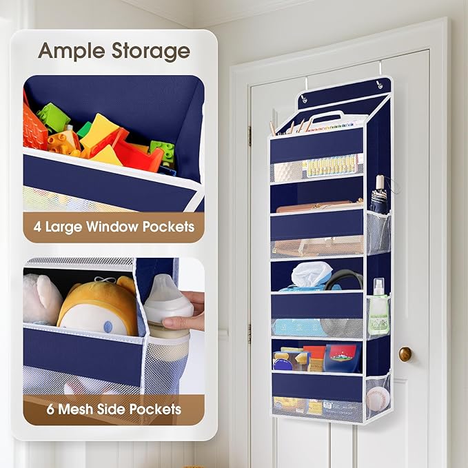 1 Pack Over The Door Organizer, Hanging Storage Organizer with Clear Window, 40lb Ultra Sturdy Large Capacity Room Organizer for Pantry Laundry Bathroom Nursery Closet (Blue)-NeatNest