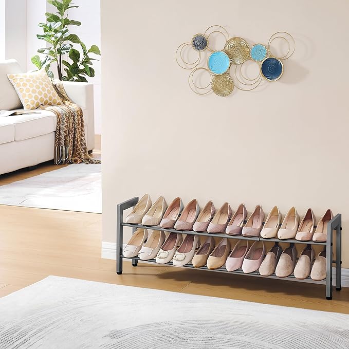 FAVOOSTY 2-Tier Expandable Shoe Rack, Adjustable Shoe Shelf Storage Organizer Space Saving Metal Free Standing Shoe Rack for Entryway Closet Doorway, Silver Grey-NeatNest