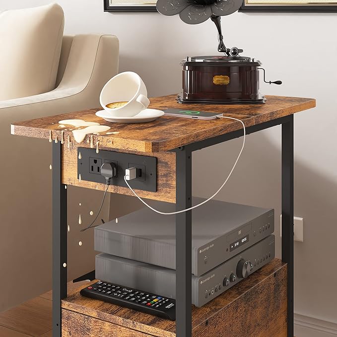 LIDYUK End Table with Charging Station, Narrow Side Table with Drawer and USB Ports & Power Outlets, Nightstand Bedside Tables for Small Spaces, Bedroom, Living Room, Rustic Brown
