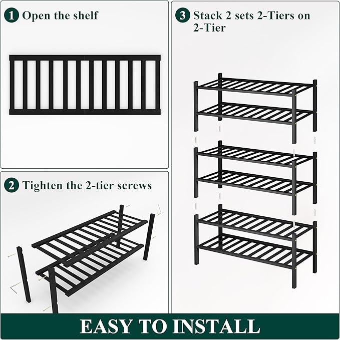 Smiry Shoe Rack, 6 Tier Bamboo Shoe Organizer, Stackable Free Standing Wooden Shoe Storage Shelf for Closet, Entryway, Front Door Entrance, Black-NeatNest