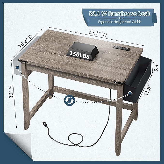 EnHomee 32 Inch Small Desk with Detachable Storage Bag, Modern Simple Computer Desk with Power Outlet, Study Writing Table for Small Spaces, Study Desks for Bedroom, Ash Gray-NeatNest