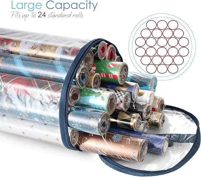 Hearth & Harbor Wrapping Paper Storage Container and Clear Wrap Paper Holder - Christmas Storage Bag with Interior Pockets - Fits Up to 36 Rolls of 40" - Tear Proof, Blue-NeatNest
