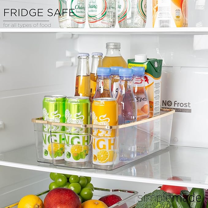 SIMPLEMADE Clear Refrigerator Organizer Bins - Clear Bins for Fridge, Containers for Fridge and Freezer, Multipurpose Storage for Kitchen, Office, Bathroom, Gold Rim (8.5" x 14.6")