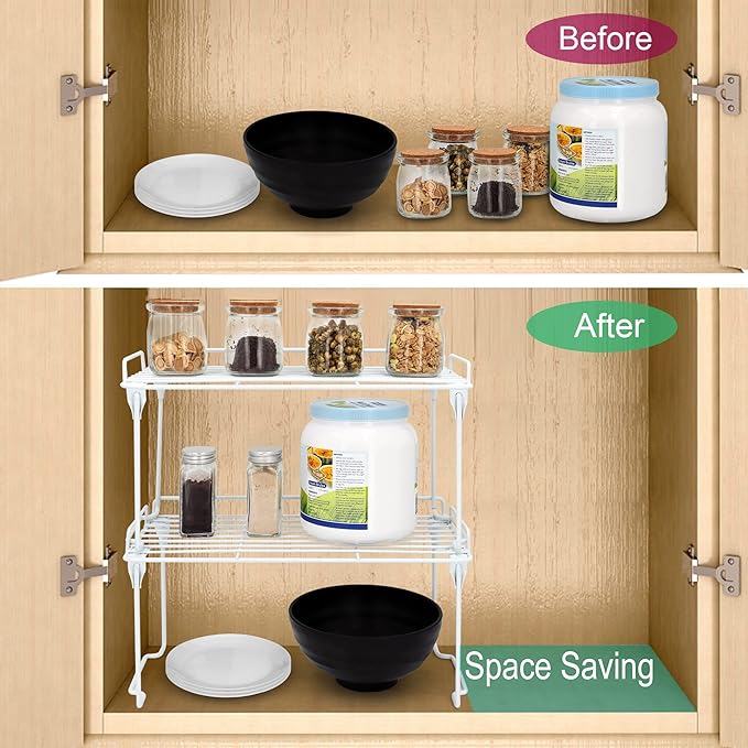 iPEGTOP Stackable Cabinet Shelf Organizers, Set of 2 Kitchen Countertop Cupboard Storage Rack, Pantry Stand Shelves Space Saving for Kitchen, Bedroom, Bathroom, White-NeatNest