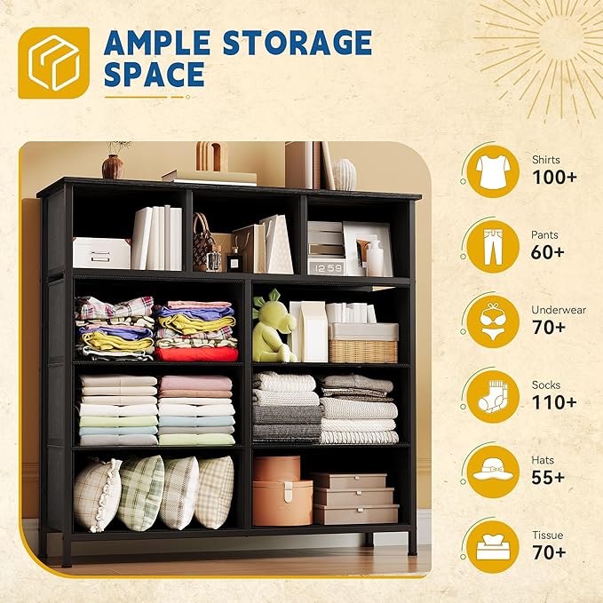 DWVO Dresser with 9 Drawers - Fabric Storage Tower, Organizer Unit for Living Room, Hallway - Sturdy Steel Frame, Wooden Top & Easy Pull Fabric Bins-NeatNest