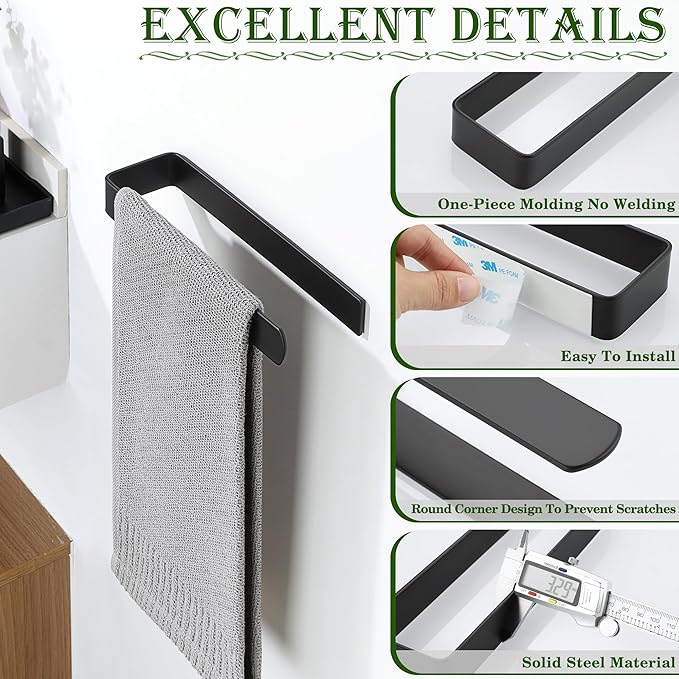 Alise Hand Towel Holder Self Adhesive Towel Bar Towel Hanger for Bathroom Wall,SUS304 Stainless Steel Towel Rack Towel Ring for Kitchen Cabinet Glass Door Wash Basin Side,Matte Black,No Drilling