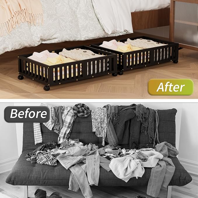 Bamboo Under Bed Storage with Wheels (2-Pack) – Rolling Underbed Shoe Organizer Box for Shoes, Blankets, Toys, Clothes Container Space-Saving Organizer Bins for Bedroom, Closet, Dorm, Nursery-NeatNest
