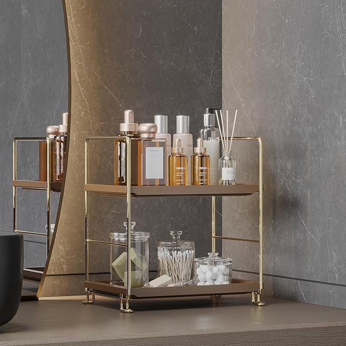 FSyueyun 2-Tier Bathroom Countertop Organizer,Bathroom Organizers and Storage with Tool-Less Installation, Premium Plastics for Makeup, Perfume, Skincare on Dresser Vanity Tray (Gold & Brown)-NeatNest