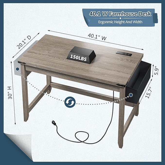 EnHomee 40 Inch Small Desk with Detachable Storage Bag, Modern Simple Computer Desk with Power Outlet, Study Writing Table for Small Spaces, Study Desks for Bedroom, Ash Gray-NeatNest