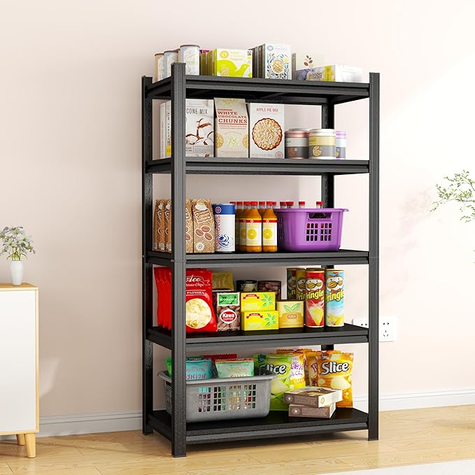 5 Tier Black Storage Shelves Metal Shelving Unit Kitchen Storage Utility Shelf Renter Shelves Estantes para Cocina Shelf Organizer for Bedroom Garage Basement Pantry Commercial Warehouse Industrial