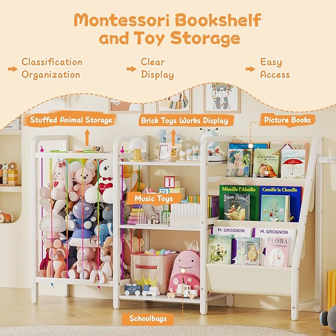 B1 Kids Bookshelf and Toy Storage, 3-Tier Book Shelf for Kids Rooms, Sling Baby Bookcase with Stuffed Animal Storage, Montessori Toddler Bookshelf for Nursery, Bedroom, Playroom, White