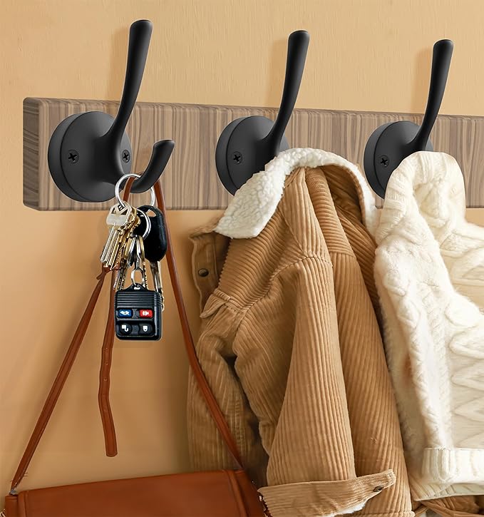 Black Wall Hooks Towel Hooks, 3 Pack Coat Hooks Robe Hook Heavy Duty Metal Double Bath Hook Wall Mounted, Hand Towel Hooks for Entryway Bathroom Kitchen Closet Garage-NeatNest