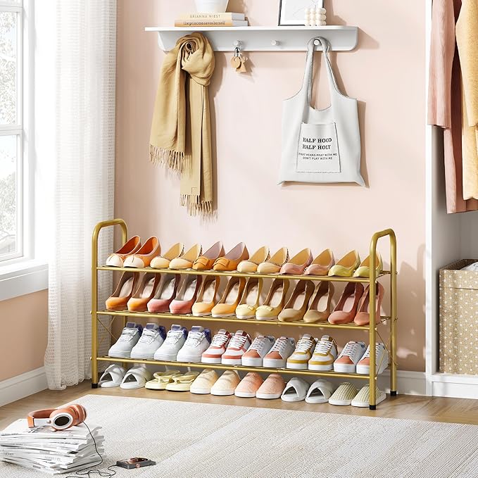 Hoctieon 3 Tier Mesh Style Shoe Rack, Entryway Shoe Shelf, Shoe Storage Organizer, Shoe Rack for Closet, Space Save for Bathroom, Garage, Hallway, Bedroom, Living Room, Gold-NeatNest