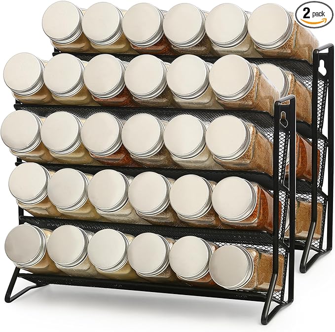2PCS 4Tier Spice Rack for Counter Free Standing,Spice Rack for Inside Cupboard Hanging Wall Mounted Spice Seasoning Organiser Spice Jars Bottle Organizer for Kitchen Pantry(Black)-NeatNest