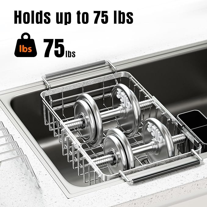 Expandable Dish Drying Rack in Sink,Stainless Steel Over The Sink Dish Drainer Drying Rack for Kitchen Counter,with Utensil Holder,Silver