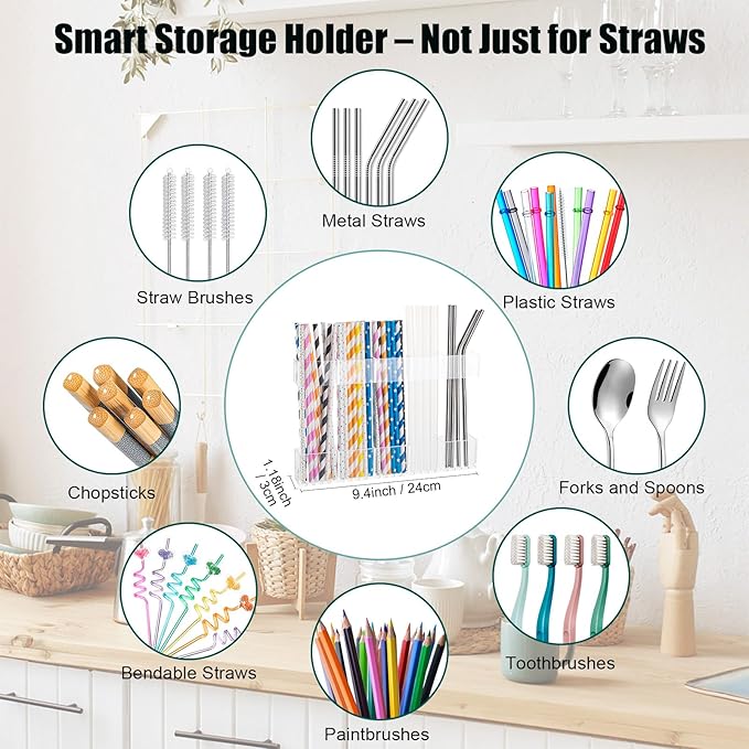 9.5” Large Acrylic Straw Holder for Cabinet Door, Reusable Straw Cabinet Organizer with Double-Sided Adhesive Tape for Kitchen Counter Cupboard (Transparent)