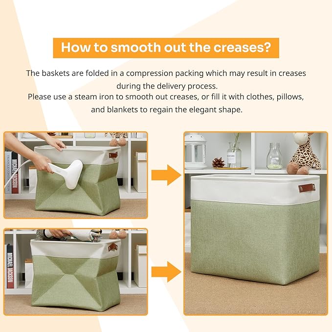 DULLEMELO Large Storage Basket 17"x12"x15", Fabric Storage Organizer Basket for Storage Clothes, Large Fabric Bin for Organizing Book, Storage Bin with Handles for Storage Toy (White&Green)-NeatNest