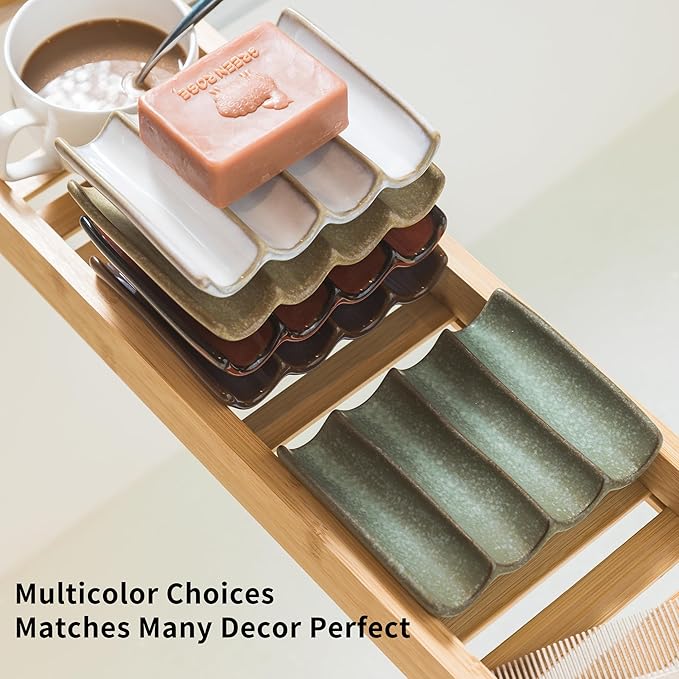 Draining Ceramic Soap Dish - Fluted Design, Bar Soap Holder for Shower & Bathroom, Soap Saver Sponge Lift, Green-NeatNest
