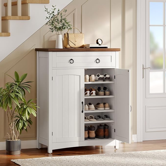 DWVO 5-Tier Shoe Storage Cabinet, Farmhouse Shoes Rack Cabinet with Adjustable Shelf, 43" Tall Shoe Organizer with Drawer & Doors for Entryway Hallway Living Room Closet (White)-NeatNest