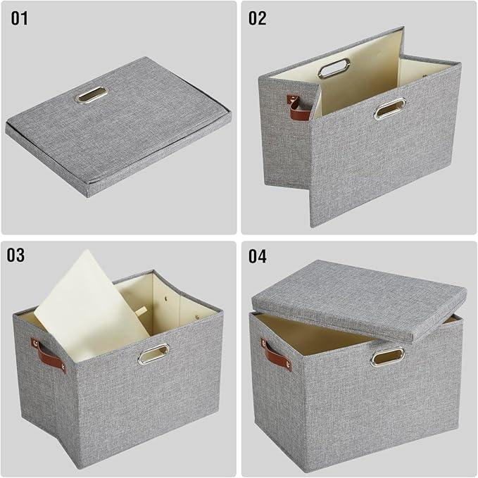 17" Large Collapsible Storage Bins with Lids, Stackable Closet Organizers with PU Handle and Labels, 3-Pack Decorative Fabric Storage Boxes for Home, Bedroom, Closet, Office, Nursery(Gray)-NeatNest