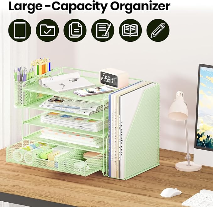 Desk Organizers and Accessories, 5-Tier Paper File Organizer with Drawer & Pen Holder, Office Desk Accessories Workspace Desktop Organizer for Office Supplies((Green)-NeatNest