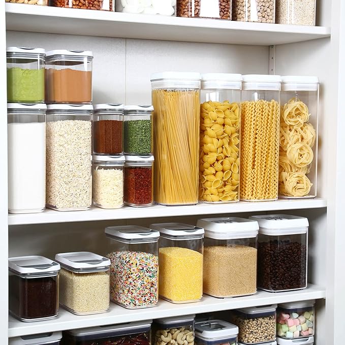 Felli Flip Tite TALL Storage Container with Lid 4" Air Tight Easy Open Ring Top, Clear Acrylic Skinny Canister Jar for Spaghetti Lasagna Fettuccine Noodle, Kitchen Cupboard Pantry Organizer (2.0 qt)-NeatNest
