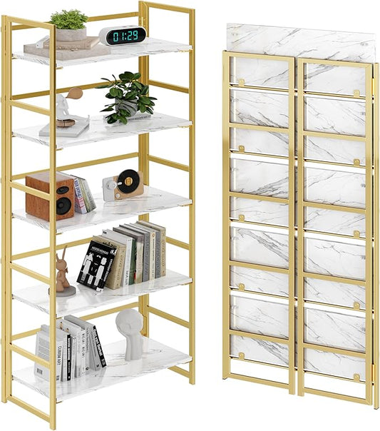 BHG No Assembly Folding Bookshelf for Living Room, 5 Tier Gold Collapsible Book Shelf for Home Office, Portable Bookcase Storage Organizer-NeatNest