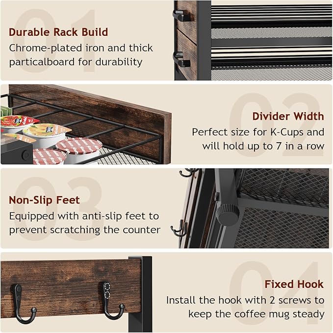 K Cup Holder Drawer - K Cup Storage Organizer, Coffee Pod Drawer with Hooks, Durable Iron-Wood Design, Space-Saving Coffee Station Organizer for Kitchen Counter-NeatNest